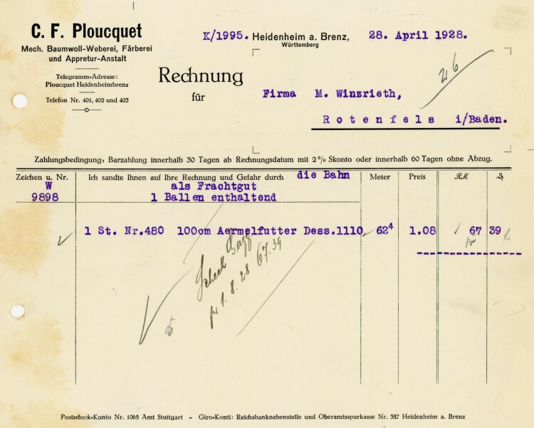 C.F. Ploucquet, Mech. Baumwoll-Weberei, Färberei und Appretur-Anstalt  - Rechnung  - 28.04.1928