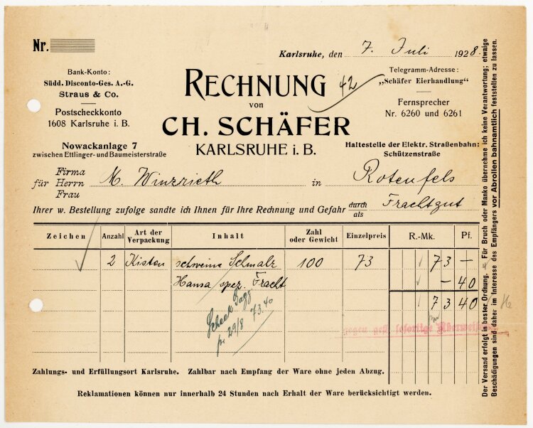 Ch. Schäfer, Karlsruhe, Eierhandlung - Rechnung  - 07.07.1928