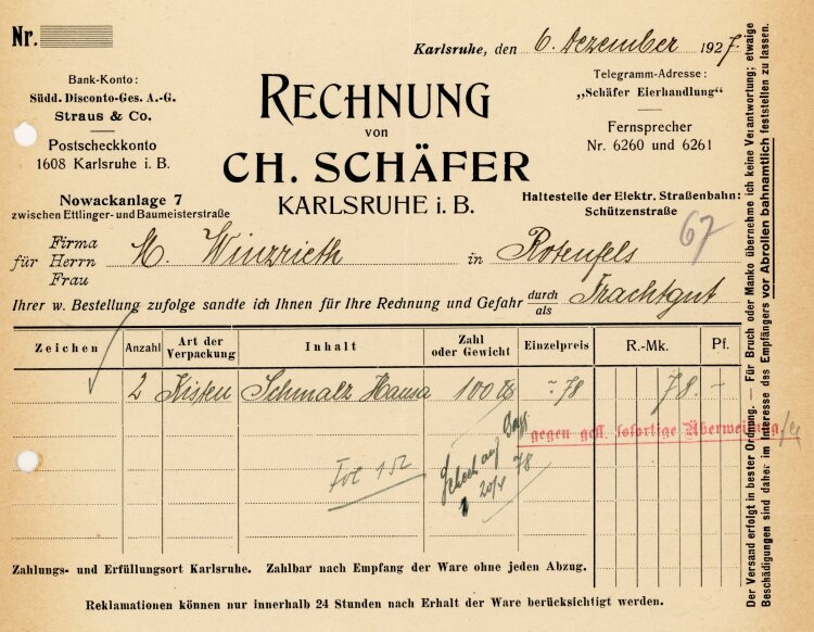Ch. Schäfer, Karlsruhe, Eierhandlung  - Rechnung  - 06.12.1927