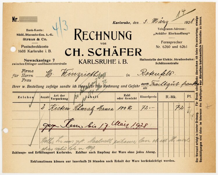 Ch. Schäfer, Karlsruhe, Eierhandlung  - Rechnung  - 03.03.1928