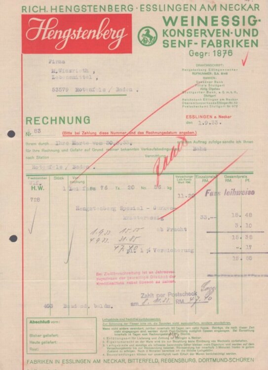 Richard Hengstenberg Weinessig-Konserven und Senf-Farbiken - Rechnung - 01.09.1933