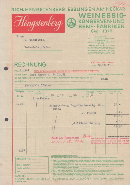 Richard Hengstenberg Weinessig-Konserven und Senf-Farbiken - Rechnung - 29.10.1938