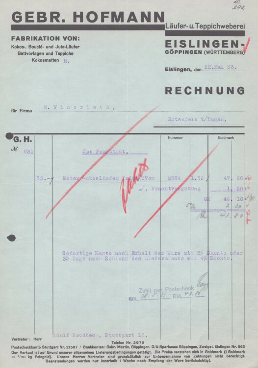 Gebrüder Hofmann Läufer- und Teppichweberei - Rechnung - 22.05.1933