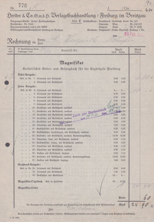 Herder & Co GmbH Verlagsbuchhandlung - Rechnung - 20.02.1930