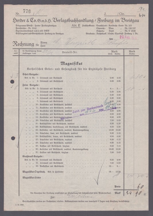 Herder & Co GmbH Verlagsbuchhandlung - Rechnung - 20.02.1930