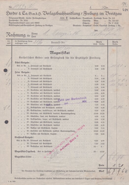 Herder & Co GmbH Verlagsbuchhandlung - Rechnung - 25.02.1930