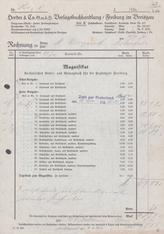 Herder & Co GmbH Verlagsbuchhandlung - Rechnung - 07.04.1930