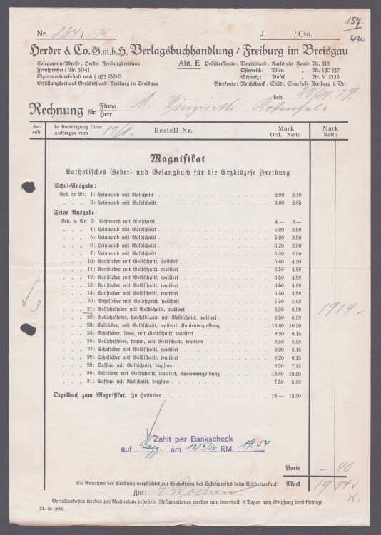 Herder & Co GmbH Verlagsbuchhandlung - Rechnung - 25.11.1929