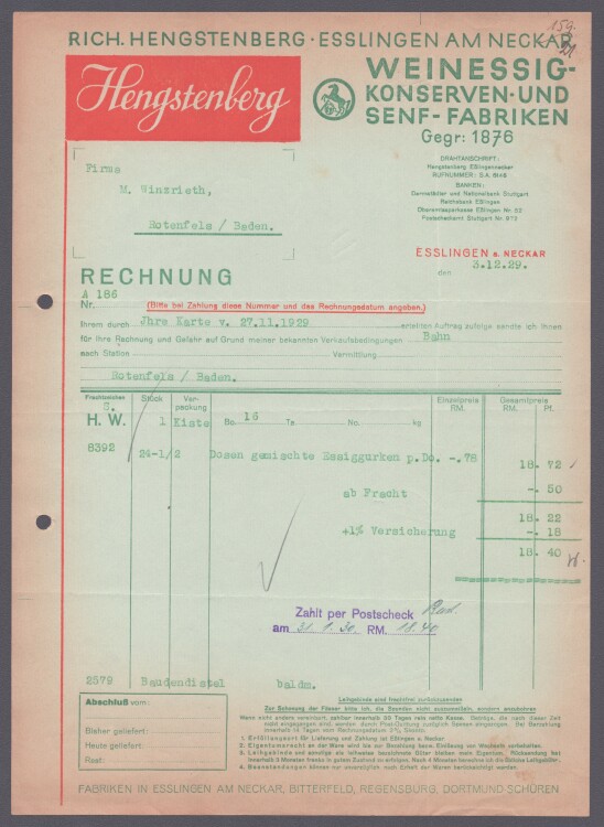 Richard Hengstenberg Weinessig-Konserven und Senf-Farbiken - Rechnung - 03.12.1929