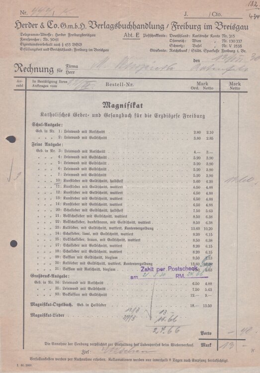 Herder & Co GmbH Verlagsbuchhandlung - Rechnung - 12.06.1930