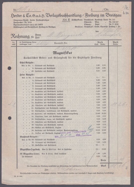 Herder & Co GmbH Verlagsbuchhandlung - Rechnung - 27.06.1930