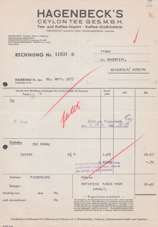 Hagenbeck`s Ceylon Tee GmbH - Rechnung - 26.09.1933