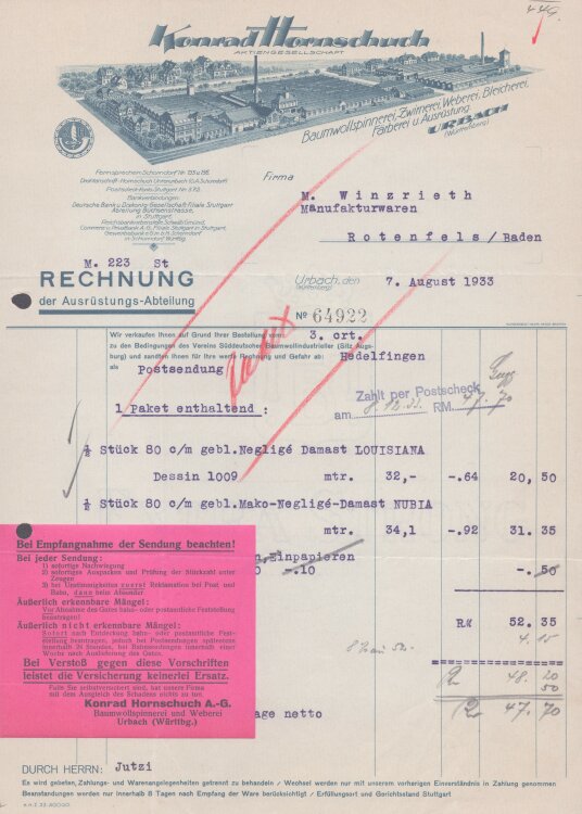 Konrad Hornschuch AG - Rechnung - 07.08.1933