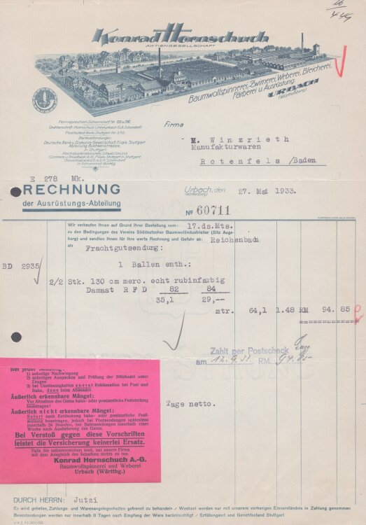 Konrad Hornschuch AG - Rechnung - 27.05.1933