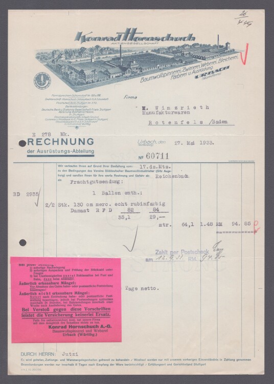 Konrad Hornschuch AG - Rechnung - 27.05.1933