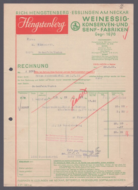 Richard Hengstenberg Weinessig-Konserven und Senf-Farbiken - Rechnung - 26.06.1933