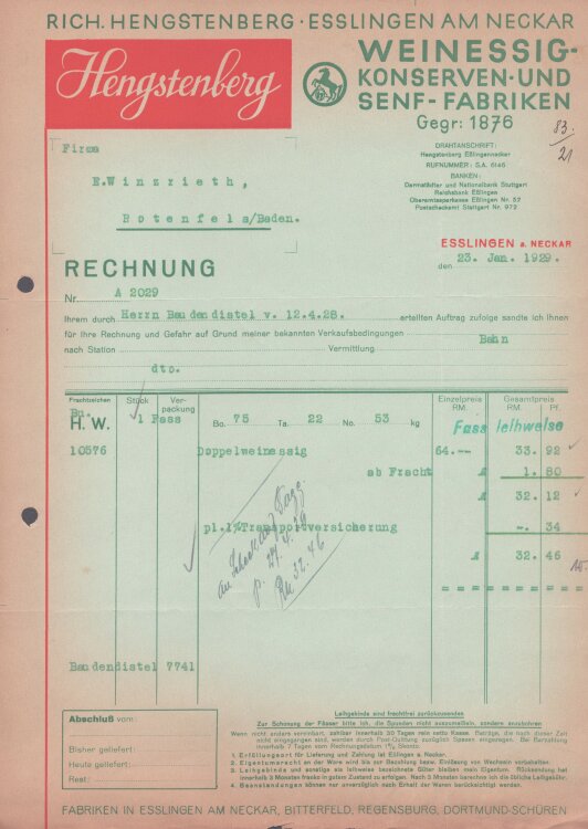 Richard Hengstenberg Weinessig-Konserven und Senf-Farbiken - Rechnung - 23.01.1929