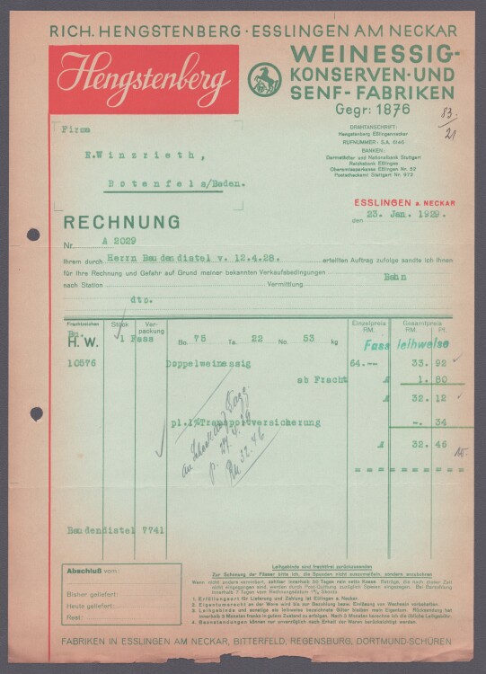 Richard Hengstenberg Weinessig-Konserven und Senf-Farbiken - Rechnung - 23.01.1929