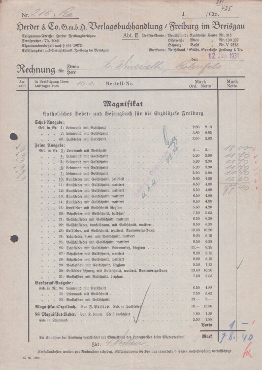 Herder & Co GmbH Verlagsbuchhandlung - Rechnung - 12.01.1931