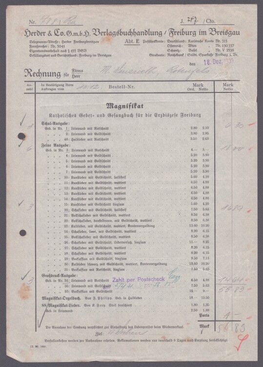 Herder & Co GmbH Verlagsbuchhandlung - Rechnung - 18.12.1930
