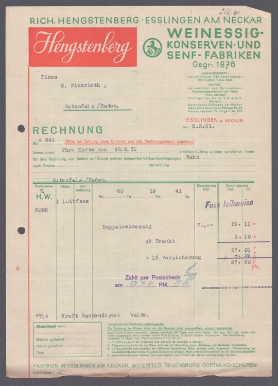 Richard Hengstenberg Weinessig-Konserven und Senf-Farbiken - Rechnung - 05.03.1931