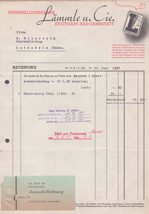 Lämmle und Cie Herrenkleiderfabrik - Rechnung - 27.06.1938