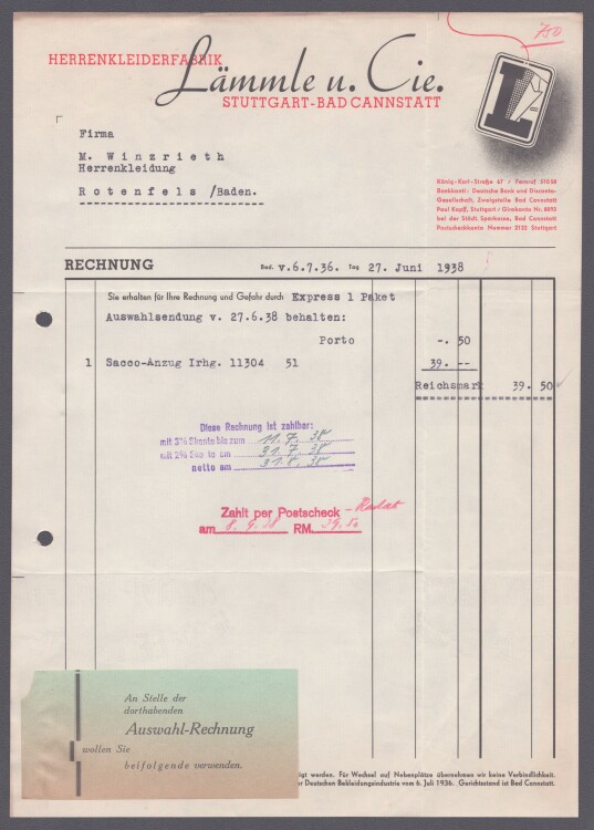 Lämmle und Cie Herrenkleiderfabrik - Rechnung - 27.06.1938