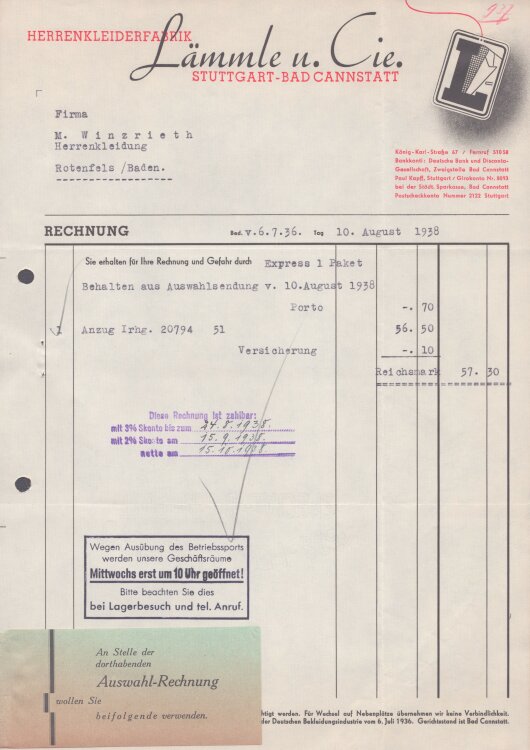 Lämmle und Cie Herrenkleiderfabrik - Rechnung - 10.08.1938