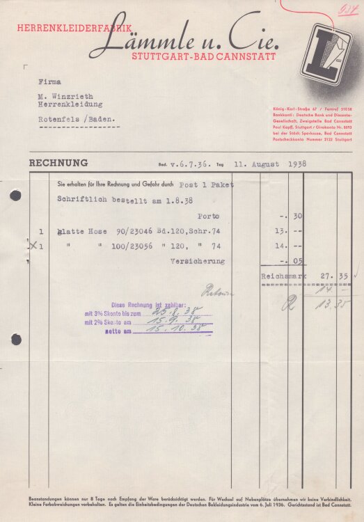 Lämmle und Cie Herrenkleiderfabrik - Rechnung - 11.08.1938