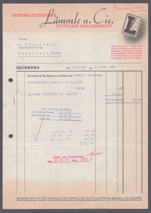 Lämmle und Cie Herrenkleiderfabrik - Rechnung - 01.11.1938