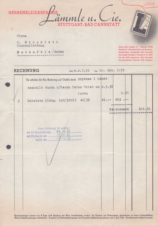 Lämmle und Cie Herrenkleiderfabrik - Rechnung - 10.10.1938