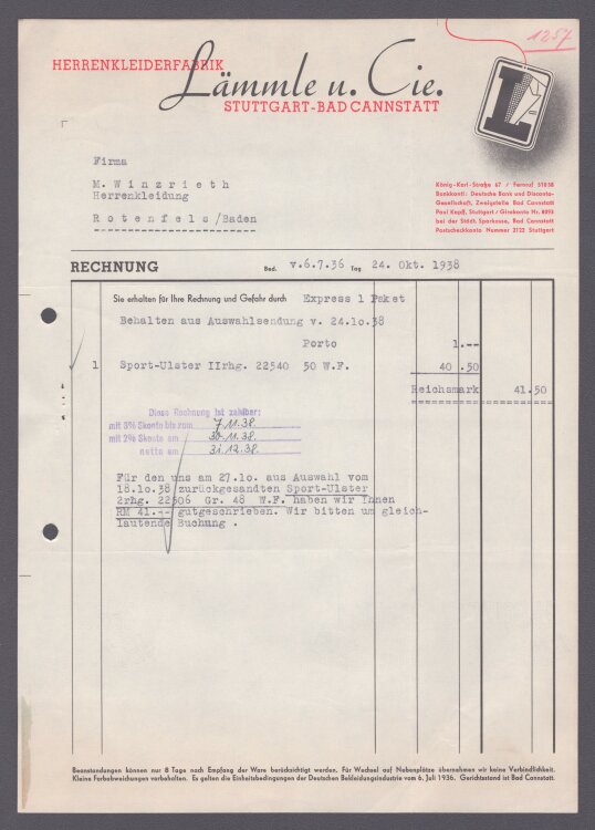 Lämmle und Cie Herrenkleiderfabrik - Rechnung - 24.11.1938