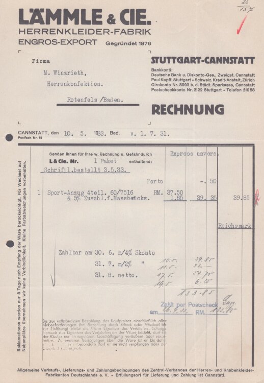 Lämmle und Cie Herrenkleiderfabrik - Rechnung - 10.05.1933