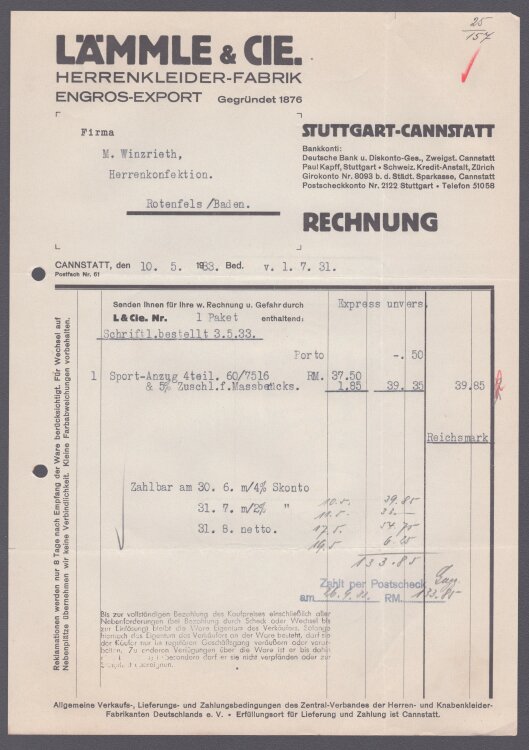 Lämmle und Cie Herrenkleiderfabrik - Rechnung - 10.05.1933