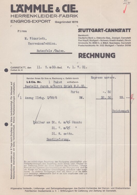 Lämmle und Cie Herrenkleiderfabrik - Rechnung - 11.05.1933