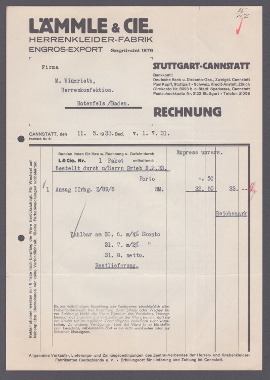 Lämmle und Cie Herrenkleiderfabrik - Rechnung - 11.05.1933