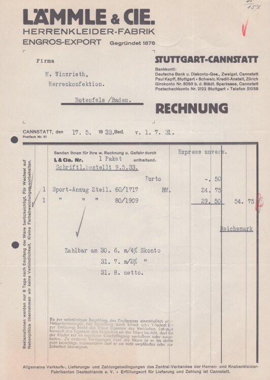 Lämmle und Cie Herrenkleiderfabrik - Rechnung - 17.05.1933