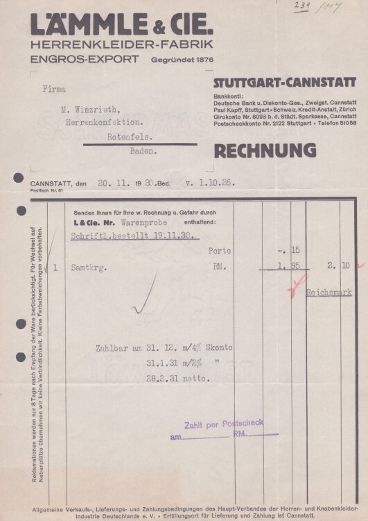 Lämmle und Cie Herrenkleiderfabrik - Rechnung - 20.11.1930