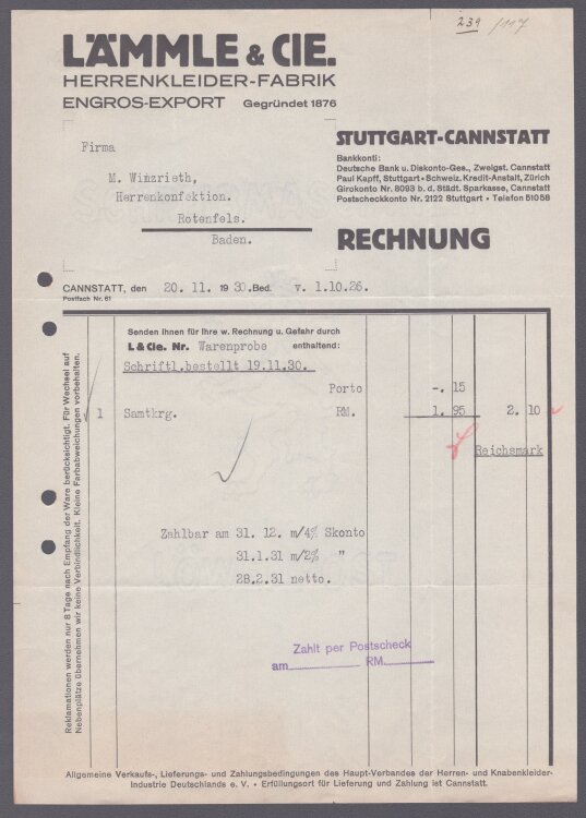 Lämmle und Cie Herrenkleiderfabrik - Rechnung -...