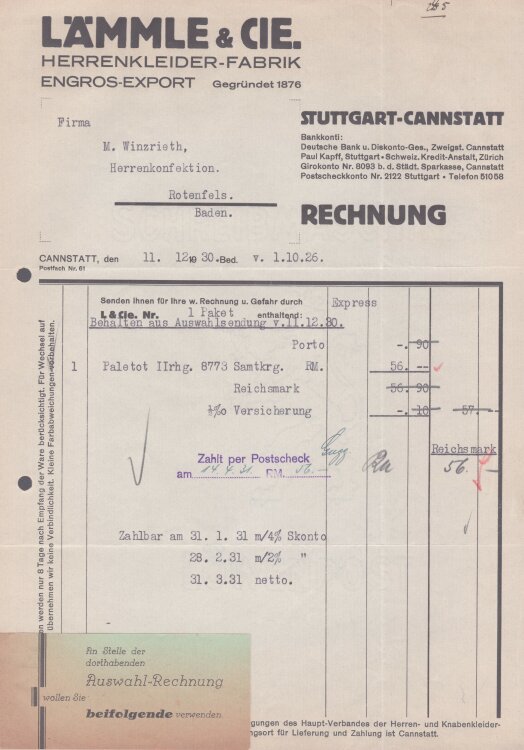 Lämmle und Cie Herrenkleiderfabrik - Rechnung - 11.12.1930