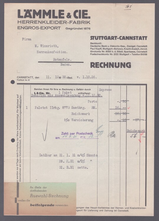 Lämmle und Cie Herrenkleiderfabrik - Rechnung - 11.12.1930