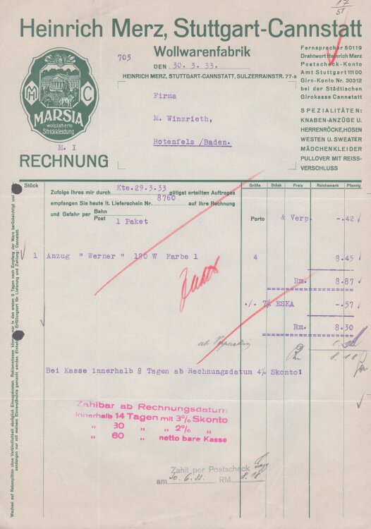 Heinrich Merz Wollwarenfabrik - Rechnung - 30.03.1933