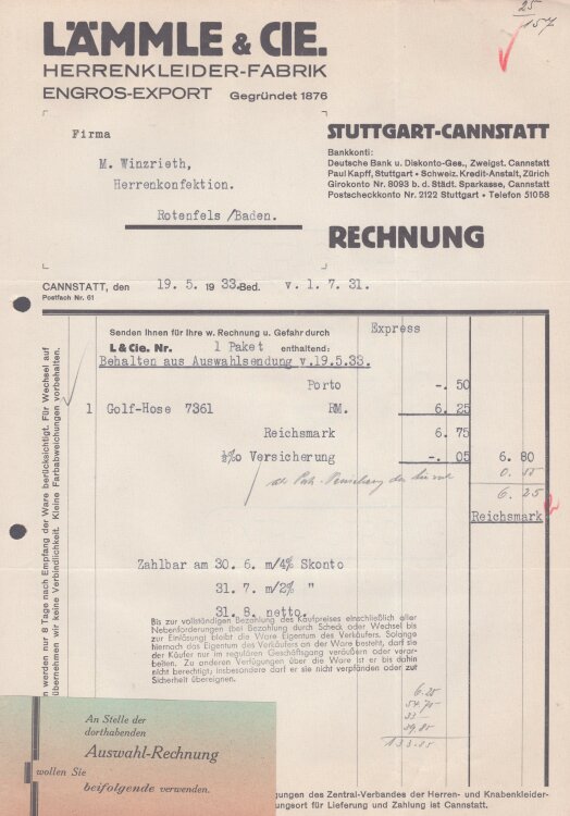 Lämmle und Cie Herrenkleiderfabrik - Rechnung - 19.05.1933