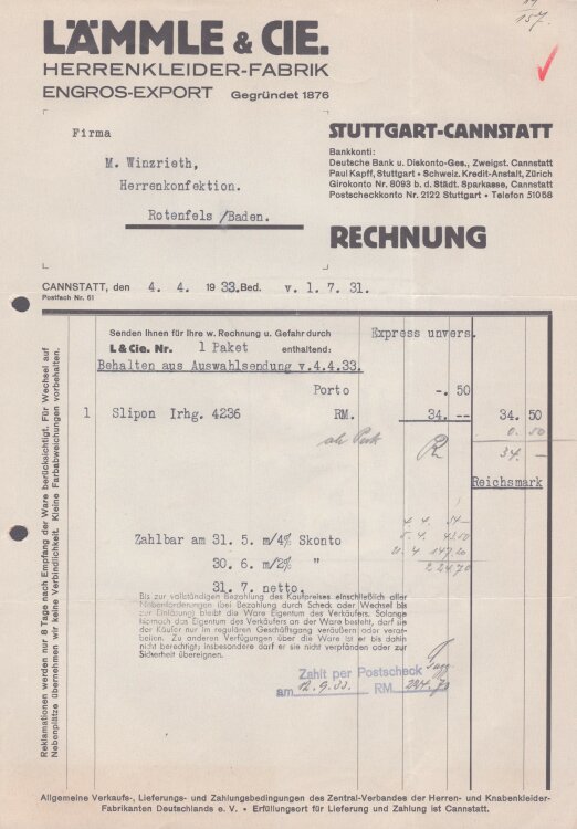 Lämmle und Cie Herrenkleiderfabrik - Rechnung - 04.04.1938