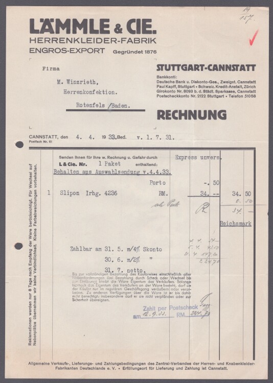 Lämmle und Cie Herrenkleiderfabrik - Rechnung - 04.04.1938
