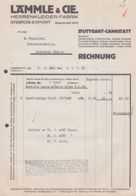Lämmle und Cie Herrenkleiderfabrik - Rechnung - 05.04.1933