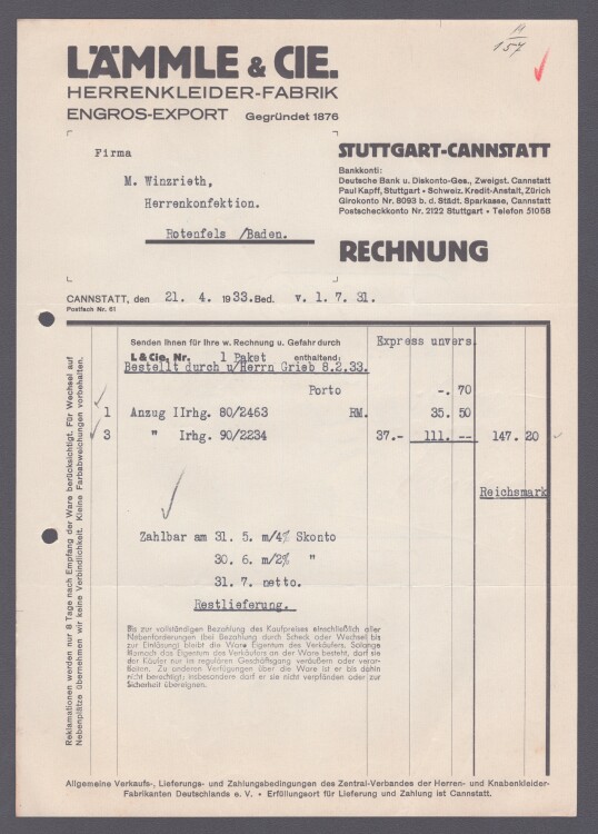 Lämmle und Cie Herrenkleiderfabrik - Rechnung - 21.04.1933
