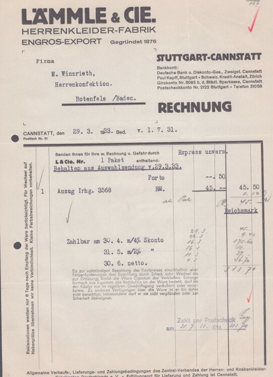 Lämmle und Cie Herrenkleiderfabrik - Rechnung - 29.03.1933