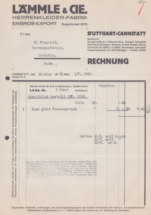 Lämmle und Cie Herrenkleiderfabrik - Rechnung - 22.04.1933
