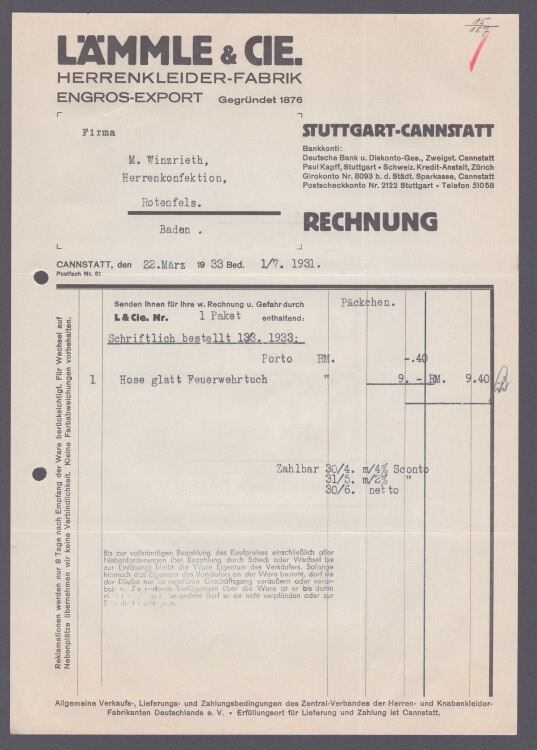 Lämmle und Cie Herrenkleiderfabrik - Rechnung - 22.04.1933